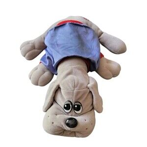 Tonka 1985 Gray Pound Puppy Plush Blue Button Jacket Cute Stuffed Animal  ~8"